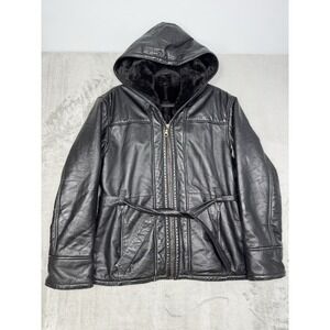 Vintage Wilsons Leather Jacket Womens Medium Hooded Belted Faux Fur Moto 90s Y2K